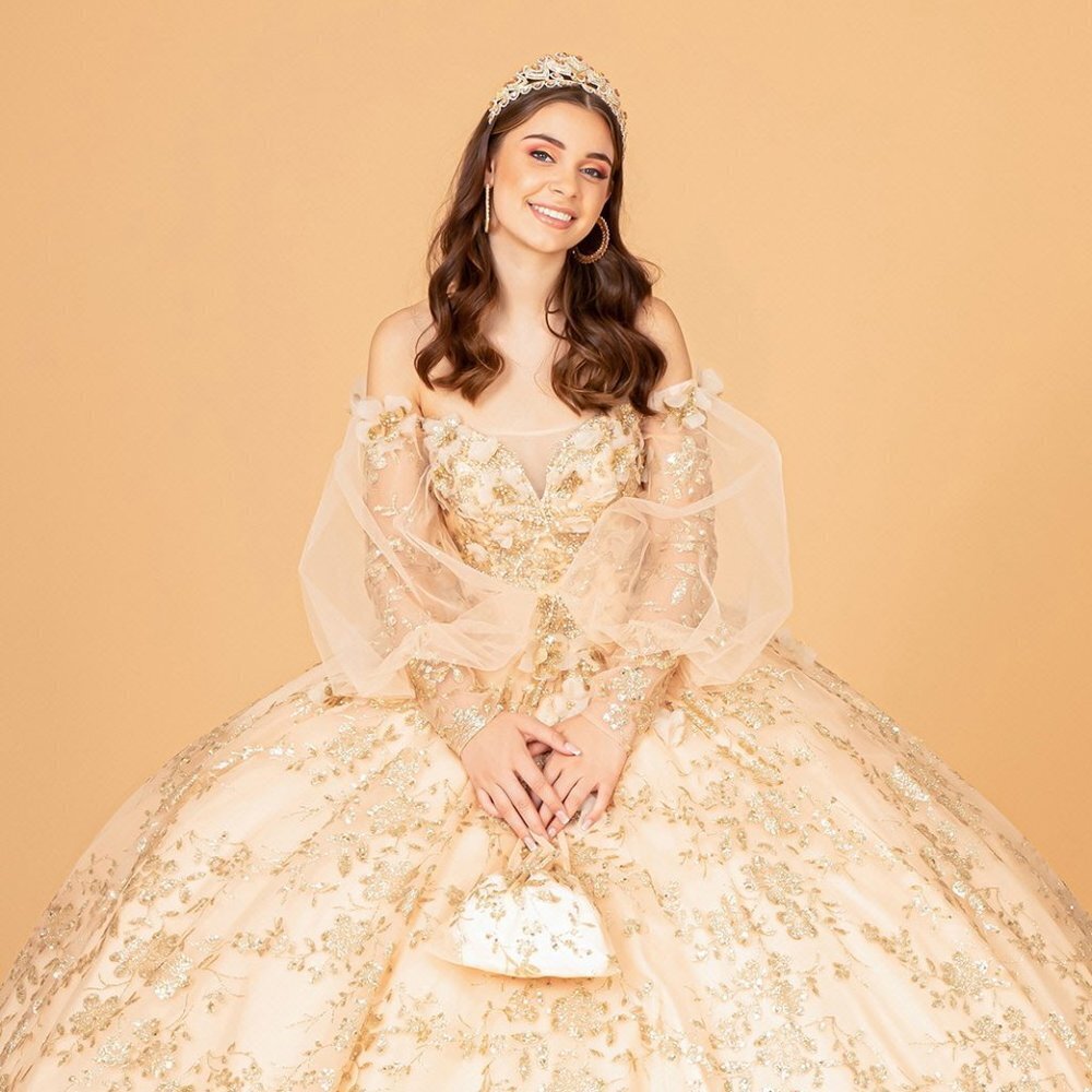 NEW LONG OFF THE SHOULDER BALL GOWN EMBROIDERED WITH SEQUINS AND LACE GL3071